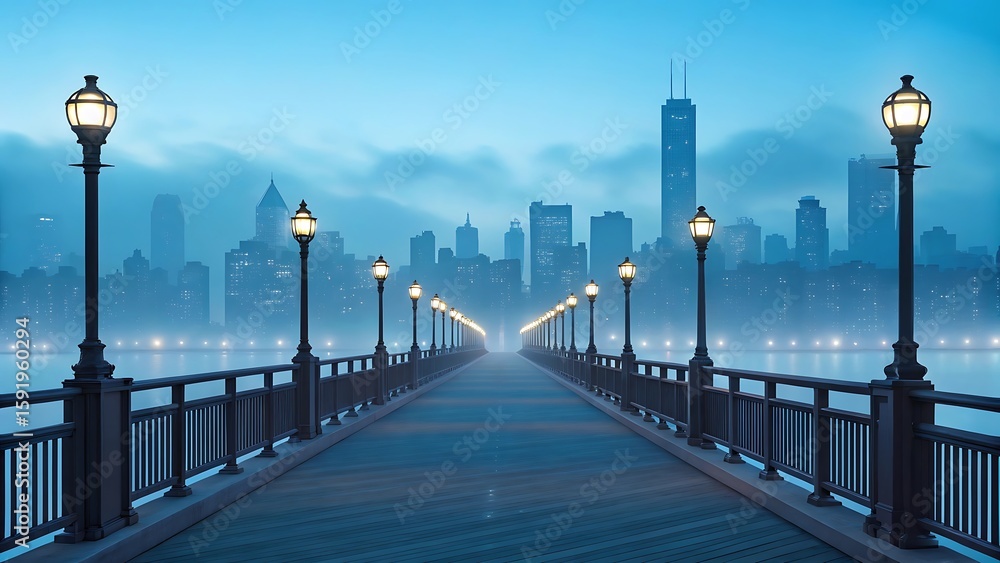 Obraz premium Pier with lampposts leading to a misty city skyline at dusk