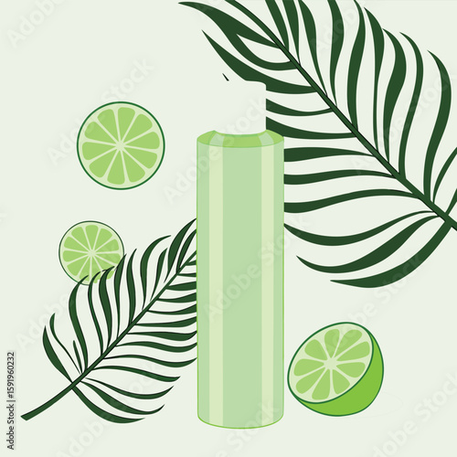 A refreshing green cosmetic bottle is surrounded by lime slices and tropical leaves, creating a natural and organic beauty product illustration
