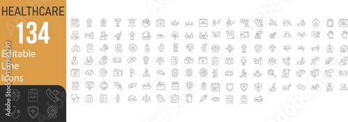 Collection Of Modern Editable Thin Stroke Line Style Medical Healthcare Icons Set Related Health, Pediatrics, Doctor, Treatment, Pictograms, Infographics  For Mobile Apps And More Vector Illustration