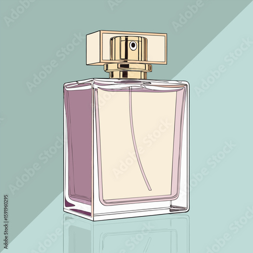 A stylish perfume bottle with a golden cap sits elegantly, showcasing its luxurious fragrance and design