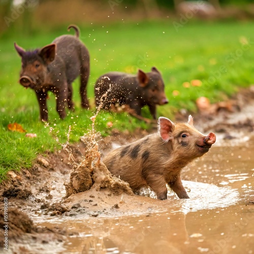 Playful Piglets Splashing in Mud on a Farm Field

