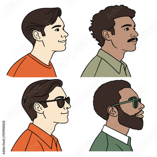 A diverse group of men are depicted in profile, showcasing different hairstyles, facial features, and fashion styles
