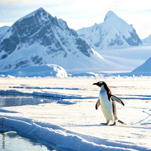 Penguin Standing on Antarctic Ice with Snowy Mountains in Background