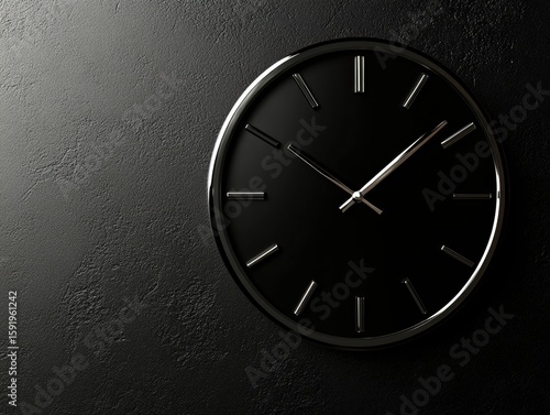 Wallpaper Mural A sleek black wall clock features silver hands and minimalist hour markers, mounted on a textured dark surface. The design exemplifies contemporary aesthetics suitable for various interiors. Torontodigital.ca