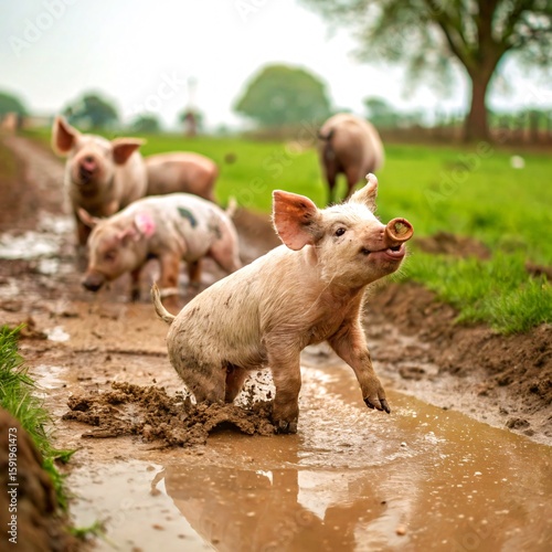 Playful Piglets Splashing in Mud on Rural Farm
