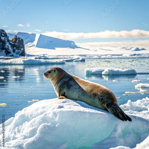 Seal on Iceberg in Arctic Ocean with Frozen Scenery

