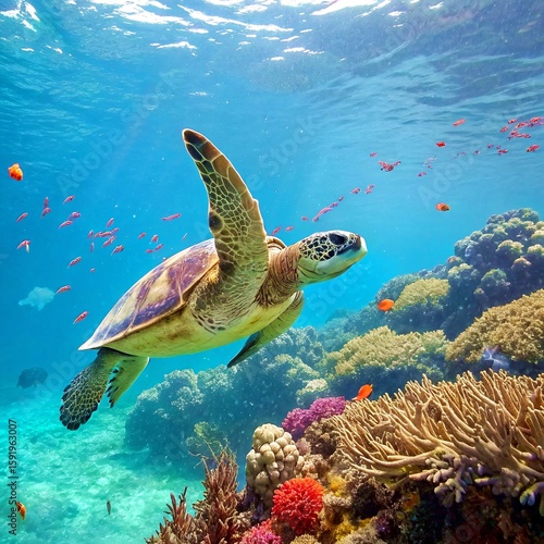 Sea Turtle Swimming Over Coral Reef in Crystal Clear Ocean