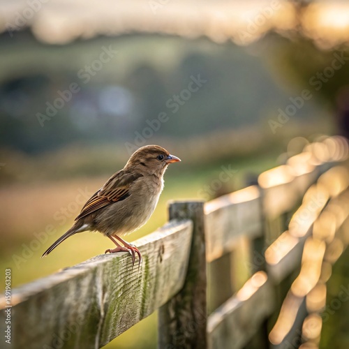 Sparrow on Rustic Wooden Fence in Countryside