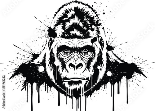 Detailed black and white gorilla head illustration with ink splatter on a white background art