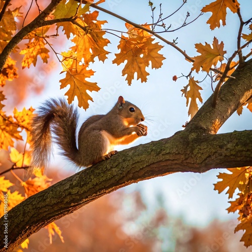 Squirrel Eating Nut on Autumn Tree Branch with Golden Leaves