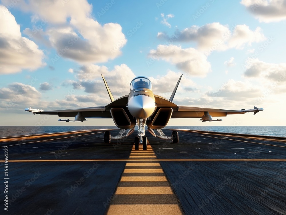 Fototapeta premium A fighter jet sits poised on the deck of an aircraft carrier, ready for takeoff. The sky glows with warm sunset colors, illuminating the scene with dramatic clouds and ocean backdrop.