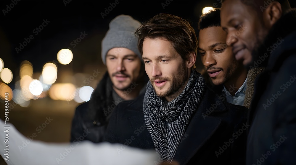 Obraz premium Group of developers discussing a land plot at an empty site with outdoor lighting and sharp focus