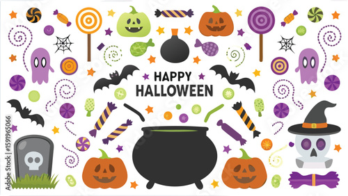 Happy halloween themed vector art with pumpkins ghosts bats and candies in a festive arrangement