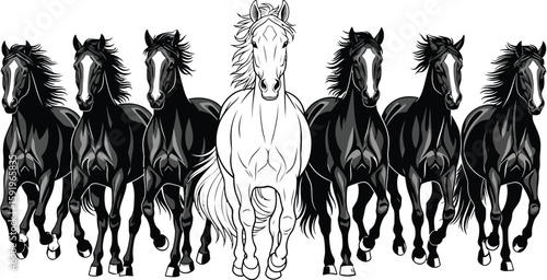 A group of horses running forward with one white horse in the middle and black horses around it