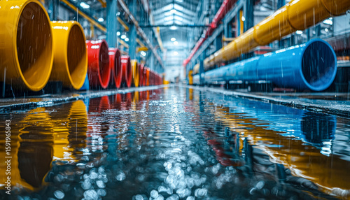 Industrial pipes in a factory flooded with water under bright overhead lighting
