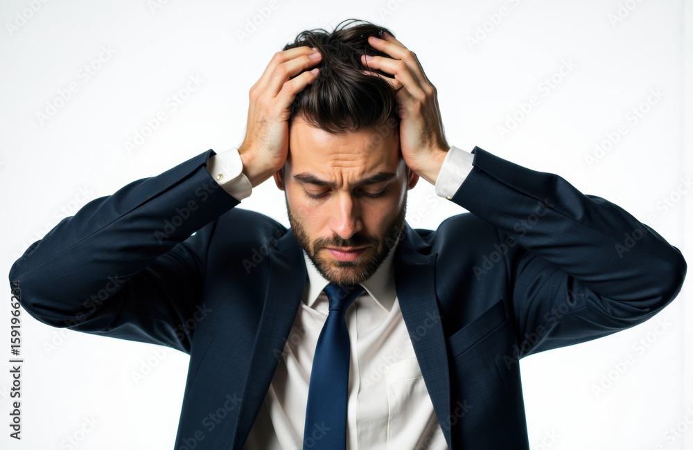 Frustrated man in business suit holding head with hands expressing stress or confusion Frustrated man in business suit holding head with hands expressing stress or confusion