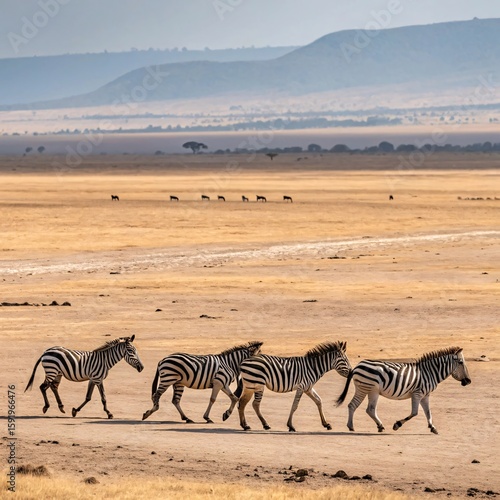 Zebras Walking in African Savannah Landscape

