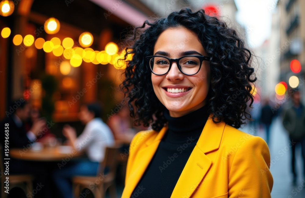 Fototapeta premium Woman smiling in an outdoor urban setting with warm lighting and blurred background