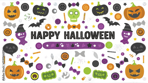 A festive halloween themed background with pumpkins bats and candy scattered all around it nicely arranged