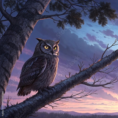 Majestic Owl on Tree Branch at Sunset – Wildlife and Nature Stock Image