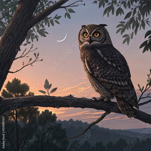 Owl with Crescent Moon | Magical Forest Twilight Art