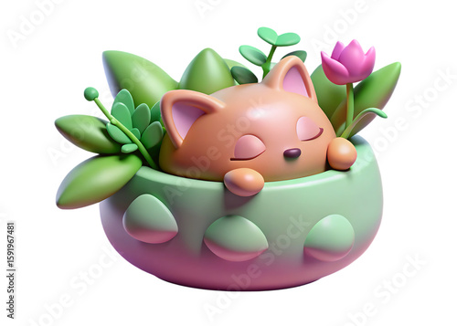 Cute sleeping cat in a plant pot with flowers isolated on a transparent background