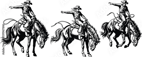 Three monochrome illustrations depicting cowboys riding horses in dynamic poses on a white background