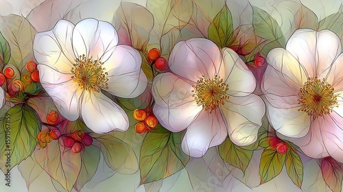 Delicate, light-toned floral arrangement of dog roses.
