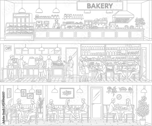 Detailed architectural sketch of a multi level bakery with customers and staff