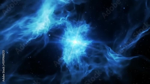 Swirling electric blue energy vortex in deep space, luminous plasma clouds spiral toward a radiant core, pulsing dynamic animation, 8s