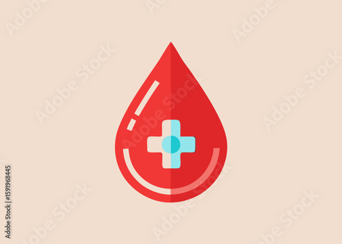 Red blood drop with a light blue cross symbol inside on a pale background