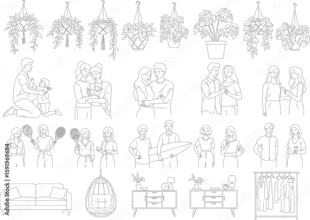 Fototapeta premium Collection of hand drawn line art illustrations of people plants and furniture