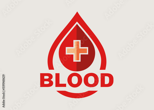 Stylized red blood drop with a cross inside and the word blood below