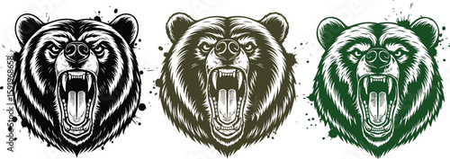 Three monochrome bear heads roaring aggressively with ink splatters on a white background design art