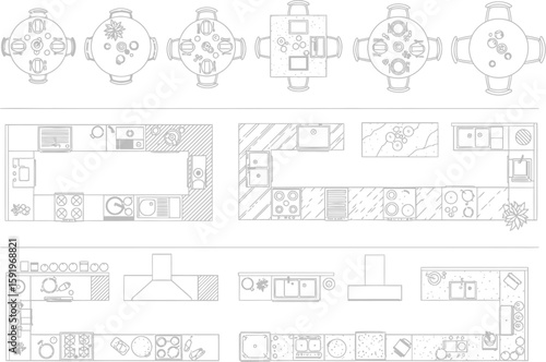 Collection of top down architectural drawings of dining tables and kitchen layouts