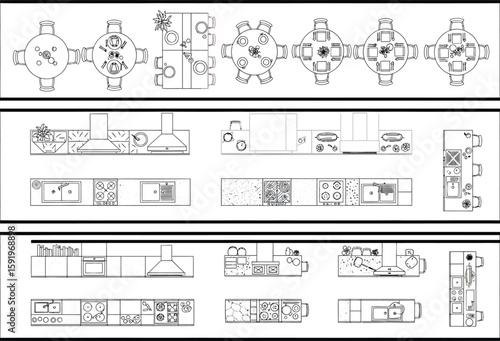 Architectural drawings of kitchen designs and furniture layouts