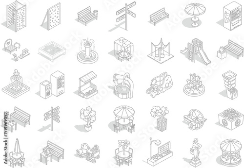 Collection of isometric line art drawings of park and playground elements