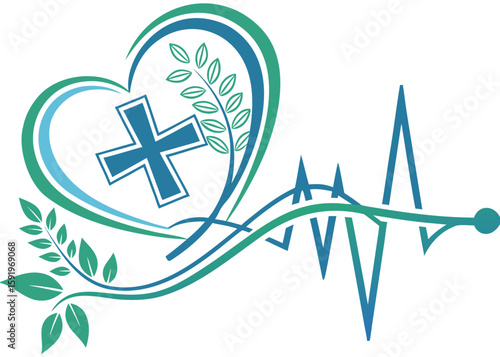 Heartbeat medical logo with cross and green leaves symbolizing health and wellness