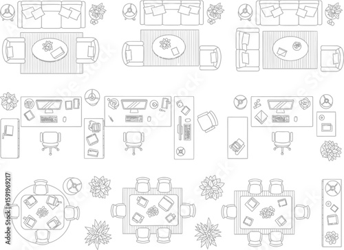 Top down view of various furniture layouts for living rooms offices and dining areas