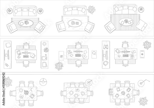 Top down view of various furniture arrangements for living rooms and dining rooms