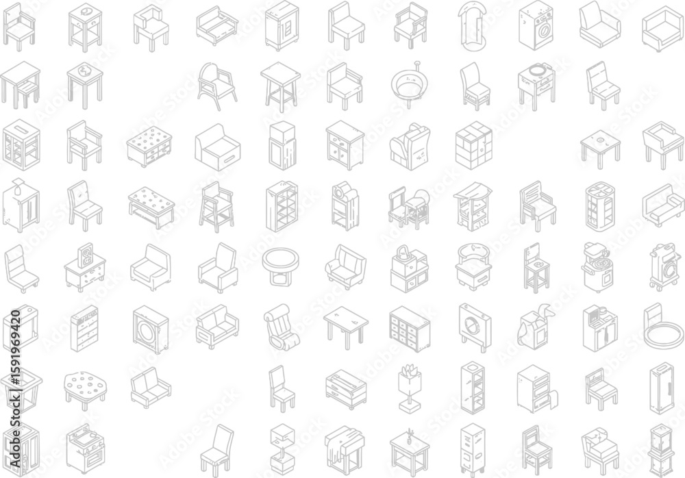Collection of isometric line art furniture icons and illustrations for interior design