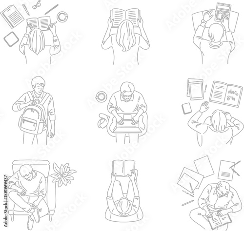 Collection of hand drawn line art illustrations of people studying and reading