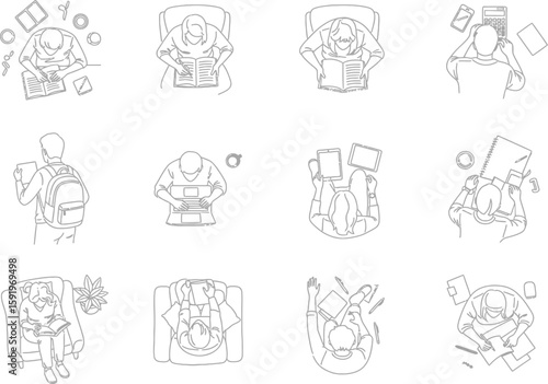 Collection of hand drawn sketches showing people reading and studying from a top down perspective
