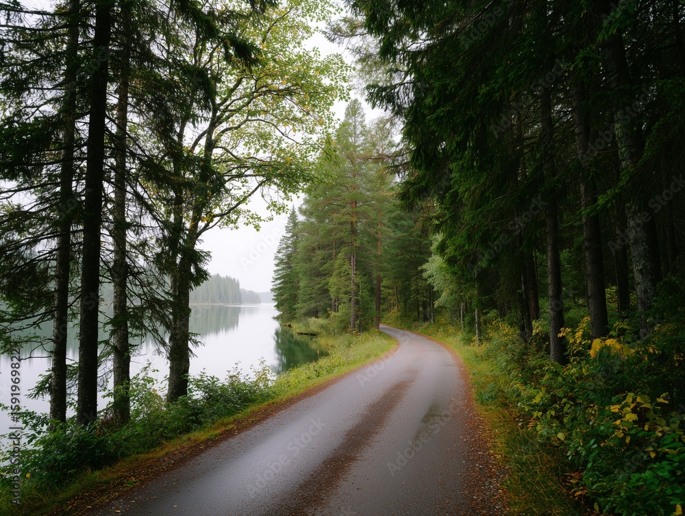 Obraz premium A scenic road winds through a lush forest, alongside a calm lake under a soft, rainy sky.