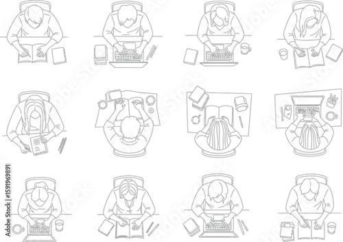 Overhead view of people sitting at desks working on laptops and computers