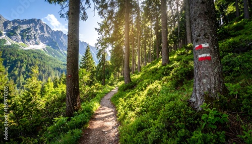 Wallpaper Mural Hiking trail through sunlit mountain forest Torontodigital.ca