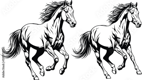 Two monochrome horses running with flowing manes and tails in a dynamic and energetic composition art