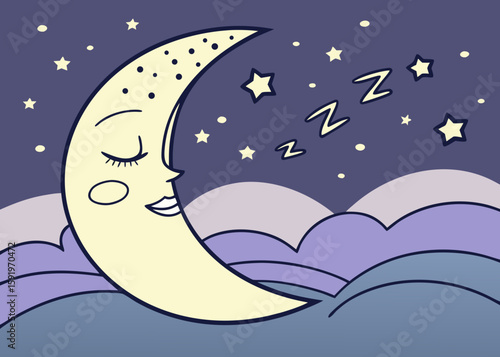 Cute sleeping crescent moon with stars and clouds in a dreamy night sky