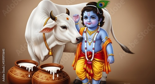 Krishna, wearing a yellow dhoti and orange shirt, holding a flute, standing next to a white cow with a golden bell around its neck, against a plain brown background. 