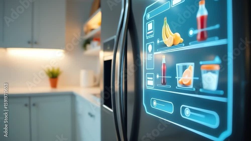 Smart refrigerator with interactive display showing food items  